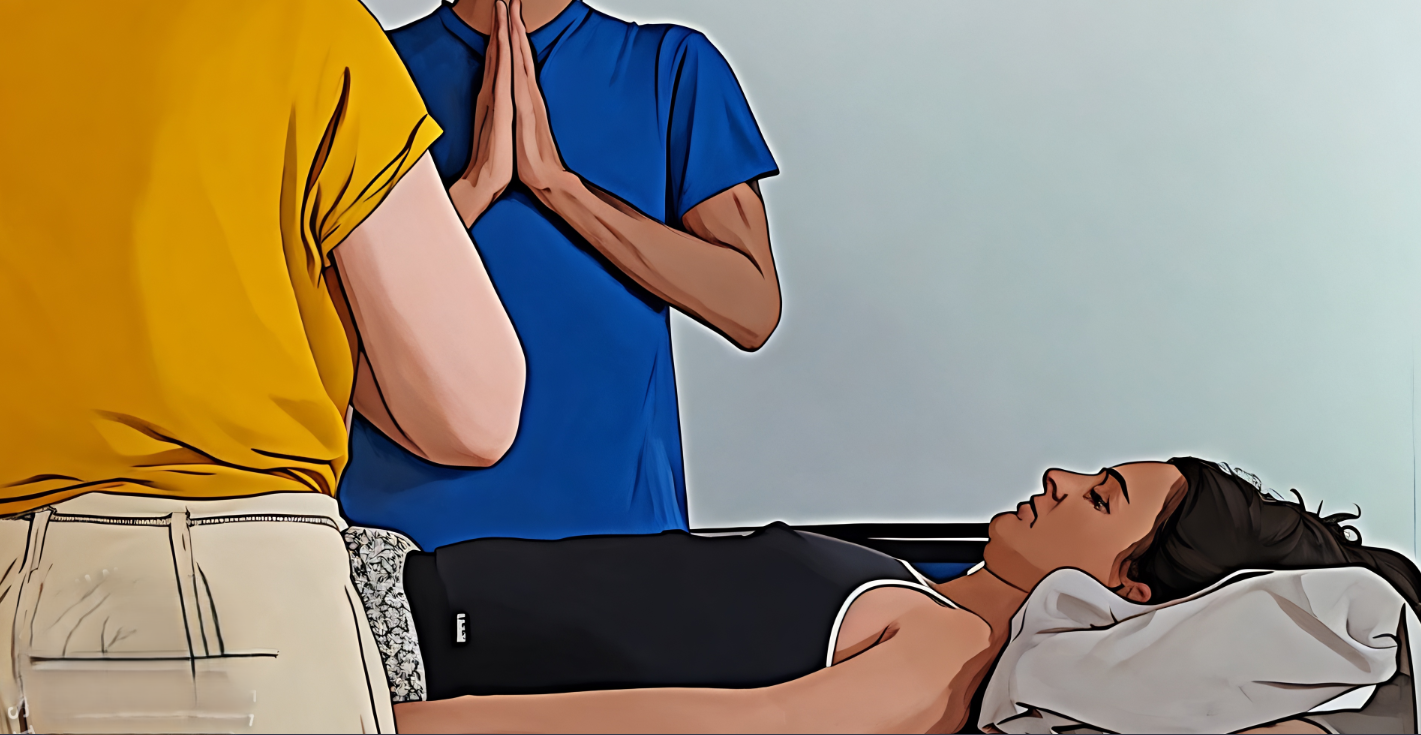 Séance de guérison entre étudiants à l’Académie Holistique, un voyage profond de transformation personnelle et professionnelle.